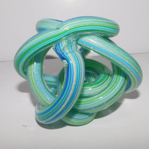Endless Knot Blown Glass Paperweight Home Desk Decor Green Blue Aqua Gold - Picture 4 of 7